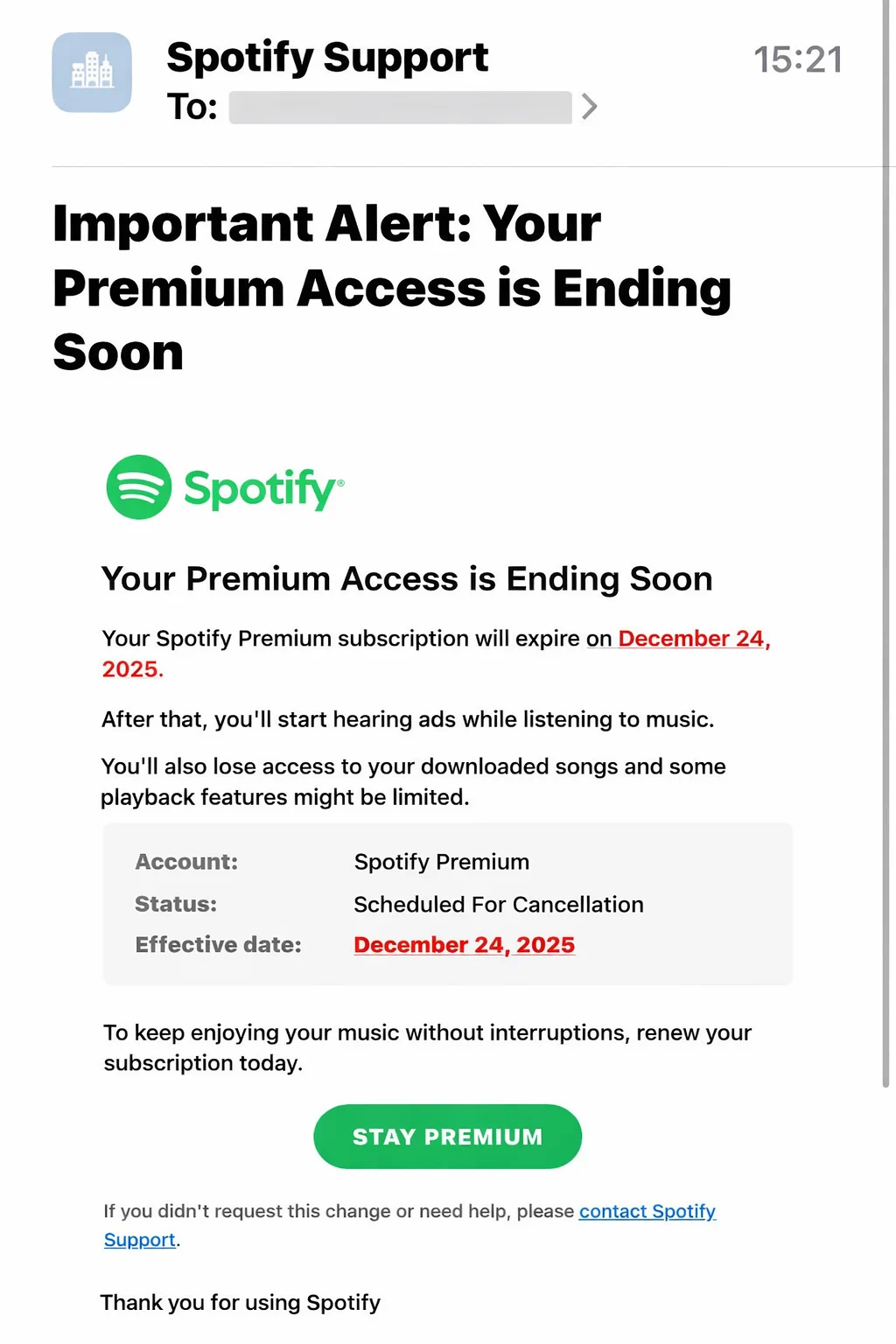 Przykład wiadomości e-mail rzekomo od Spotify wyświetlonej na telefonie — na pierwszy rzut oka wygląda jak zwykły mail