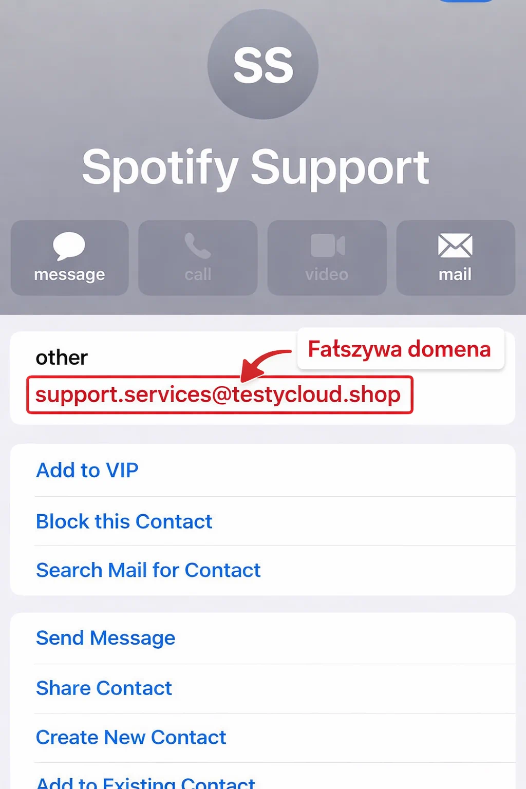 Sprawdzenie szczegółów nadawcy: kliknięcie w „Spotify Support” ujawnia adres e-mail z domeną inną niż oficjalna domena Spotify — sygnał phishingu
